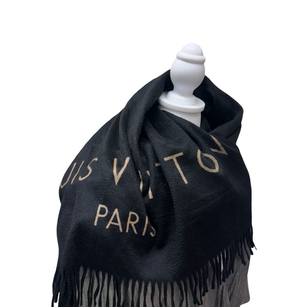 Louis Vuitton Black and Gold 100% Cashmere Large Logo Shawl Wrap Stole Auth - Picture 11 of 16